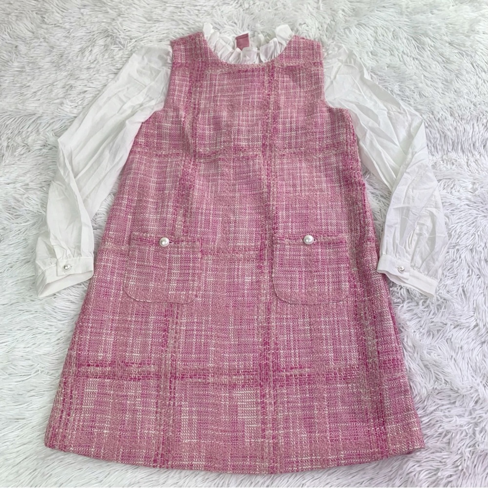 Janie & Jack long sleeve ruffle neck tweed shift dress in pink patched pockets